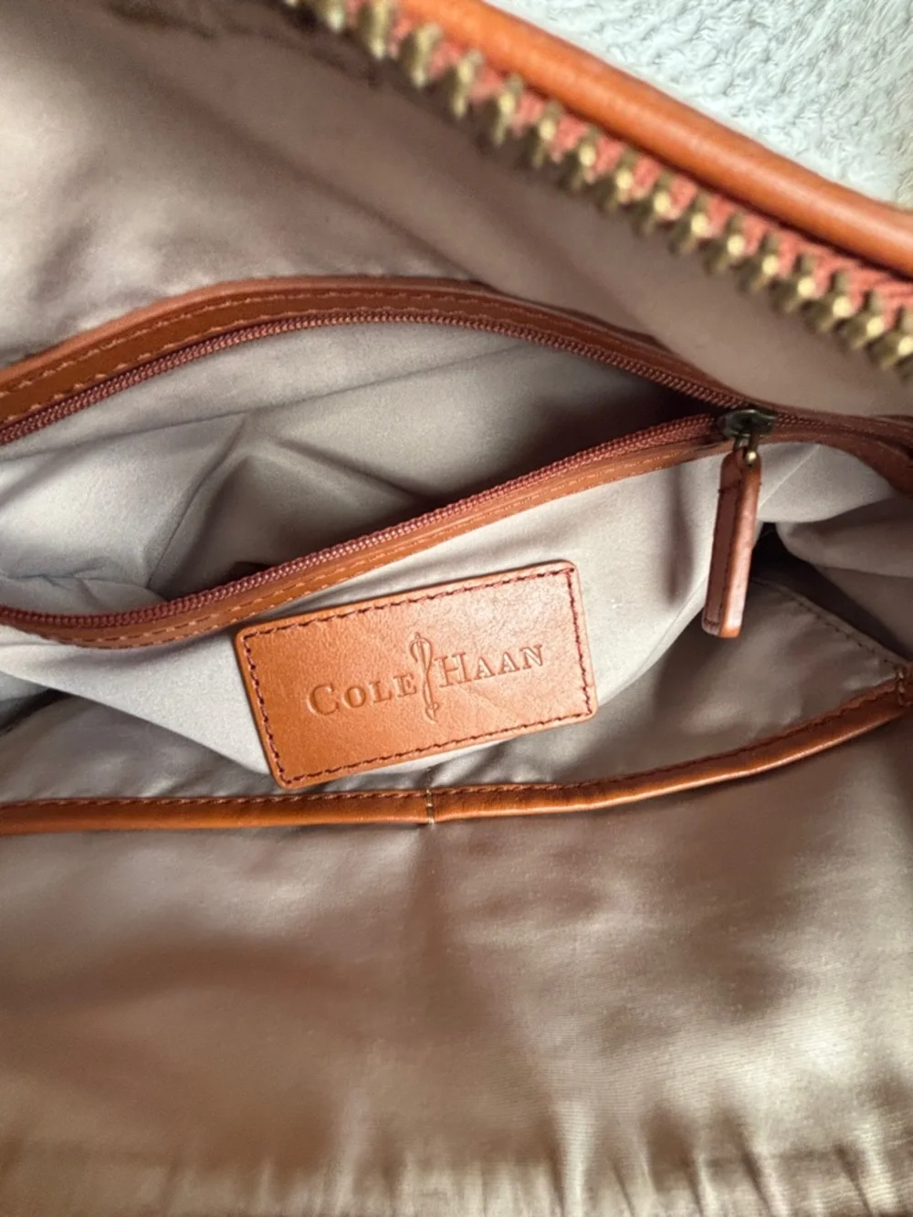 Cole Haan Cognac Tan Smooth Leather Crossbody Hobo Bag Brass Hardware